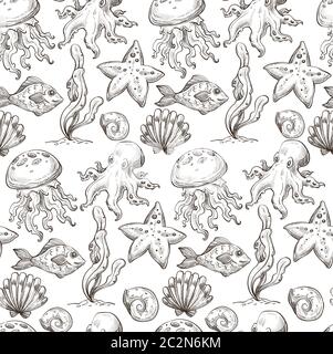 Octopus and seashell, fishes and seaweed aquarium seamless pattern Stock Vector