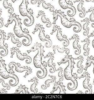 Seahorse marine aquatic animal, swimming creature seamless pattern Stock Vector