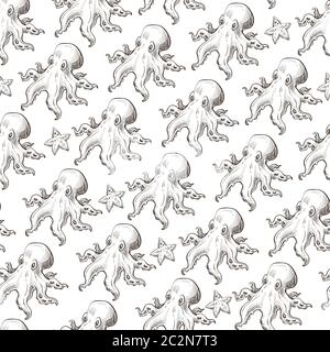 Sea octopus with tentacles, starfish oceanic creatures seamless pattern Stock Vector