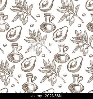 Avocado and sea buckthorn oils, natural components seamless pattern Stock Vector