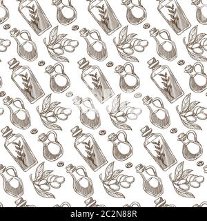 Olive oil in bottle, branch with berries seamless pattern Stock Vector