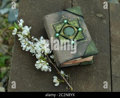 Hand crafted diary book and blooming tree branch on planks. Esoteric, gothic and occult background with magic objects, mystic and fairy tale concept Stock Photo