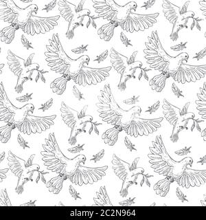 Flying doves carrying branches, pigeons seamless pattern vector Stock Vector