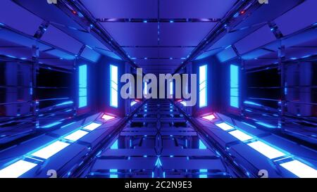 unique high contrast futuristic space scifi hangar tunnel corridor 3d illustration wallpaper background design, cool future sci-fi building 3d renderi Stock Photo