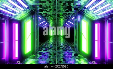 futuristic sci-fi hangar tunnel corridor with brocks textur and nice reflections 3d illustration background wallpaper, future endless scifi room 3d re Stock Photo