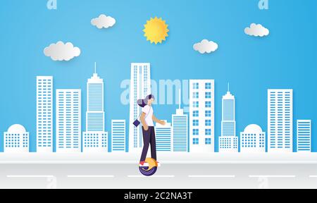 girl is using electric transport vehicle on the road Stock Vector