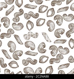 Fusilli rigatti and conchiglie Italian pasta seamless pattern Stock Vector