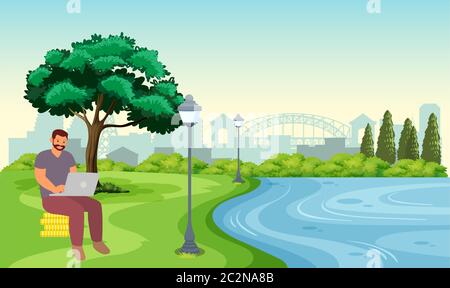man is sitting in the garden and working on the laptop Stock Vector