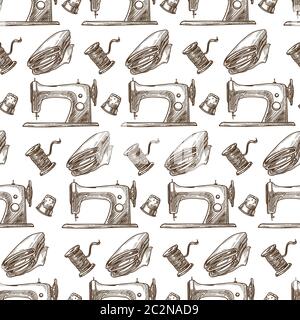 Sewing machine, cloth and thread monochrome seamless pattern Stock Vector