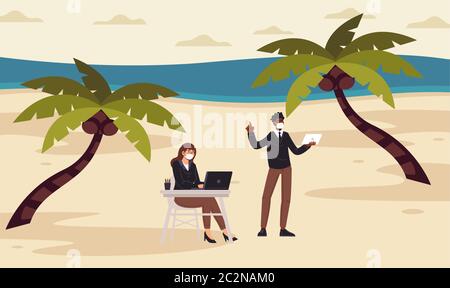 people are working on their laptop sitting on the beach Stock Vector