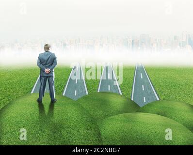 Businessman standing back on grass hills in front of four roads to the city Stock Photo