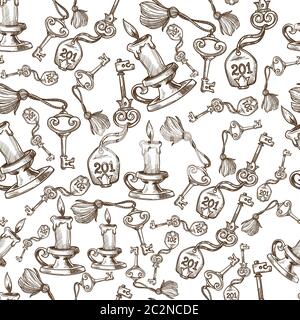 Burning candle and key with number seamless pattern Stock Vector