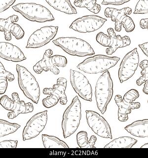 Ginger and sweet potato vegetables colorless seamless pattern Stock Vector