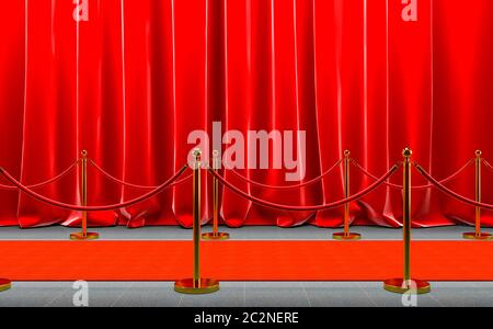 red carpet with gold-colored barriers and red rope, velvet curtains. 3d image render. concept of celebrity and exclusivity. Stock Photo