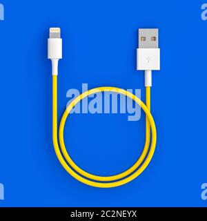 yellow usb cable on blue background, 3d image render in flat lay style. Connection concept. Stock Photo