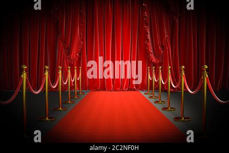 red carpet and gold barriers with red rope and large curtains at the entrance. concept of luxury and exclusivity. 3d image render Stock Photo