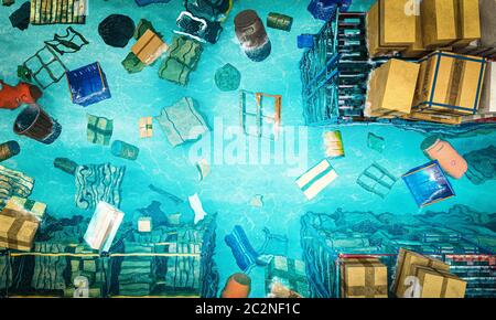 view from above of a flooded warehouse full of submerged and floating goods. Concept of disaster and disorganization at work.3d rendering. Stock Photo