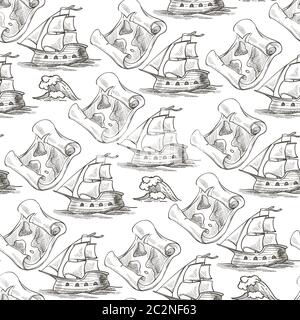Vintage ship and map on parchment paper seamless pattern Stock Vector