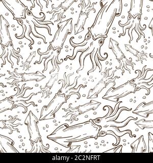 Squid swimming underwater, sea life, animal seamless pattern Stock Vector