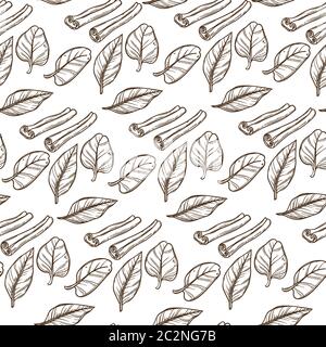 Cinnamon stick and leaves for aromatic fragrance seamless pattern Stock Vector