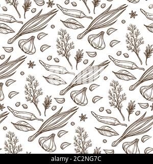 Herbs for cooking dishes, leek garlic and parsley seamless pattern Stock Vector