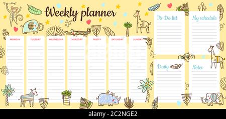 Children s schedule with savannah animals living in the zoo. Stock Vector