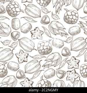 Exotic fruits, kiwi and carambola monochrome seamless pattern Stock Vector