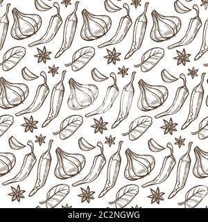 Chilli pepper, anise and garlic, herbs seamless pattern Stock Vector