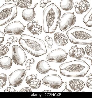 Exotic and tropical fruits, papaya and pitaya seamless pattern Stock Vector