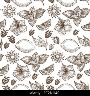 Lemon and raspberries, flowers and leaves seamless pattern Stock Vector