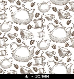Raspberry tea, cup and kettle teapot seamless pattern Stock Vector