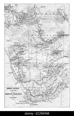 Map of Southern Africa, vintage engraved illustration. Jules Verne 3 Russian and 3 English, 1872. Stock Photo