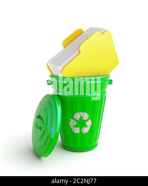 Green garbage bin with folder with papers isolated on white Stock Photo