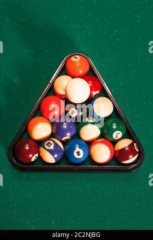 Balls in a pool triangle on the table. Green cloth Stock Photo