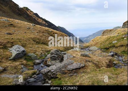 View from Transfagarasan road down to valley, Romania Stock Photo