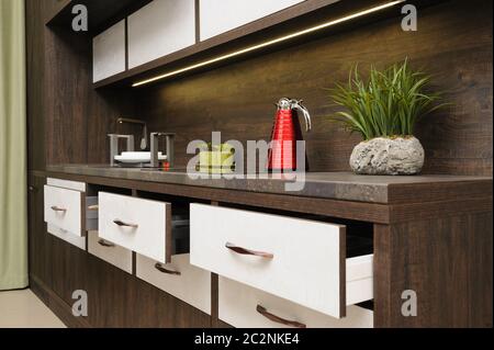 Luxury modern beige kitchen interior Stock Photo