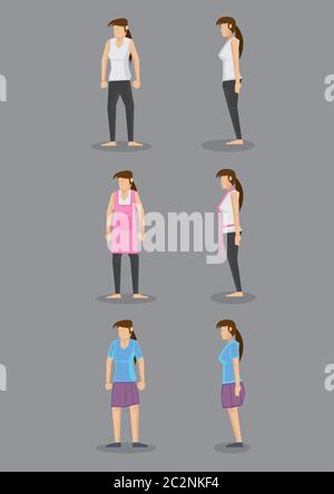 Vector illustration of comfortable casual clothing for women for different activities. Models in front and profile view. Stock Vector