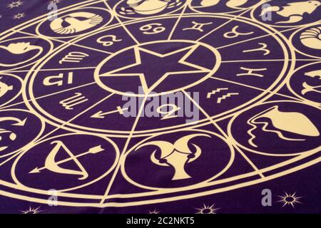 Wheel of Zodiac symbols printed on textile Stock Photo