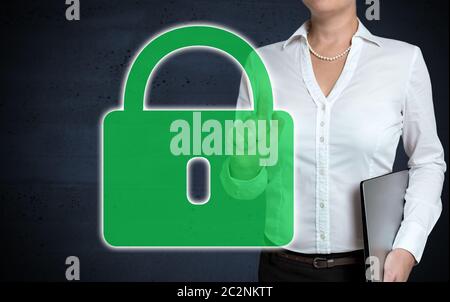 U-lock touchscreen is shown by businesswoman. Stock Photo