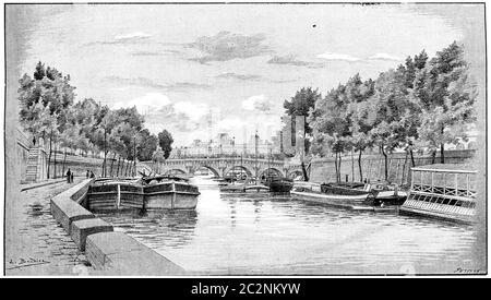 The Pont-Neuf and the Louvre seen from the Quai des Augustins, vintage engraved illustration. Paris - Auguste VITU – 1890. Stock Photo