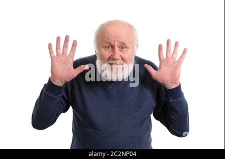 old man shows his empty palms isolated on white Stock Photo