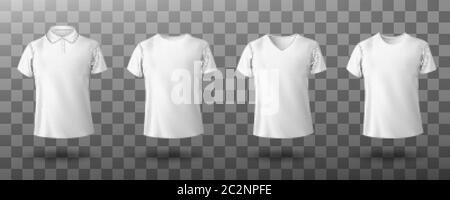 Men white polo and t-shirt round crew, v-neck front view. Vector realistic mockup of male blank t-shirt with collar and short sleeves, sport or casual apparel isolated on transparent background Stock Vector