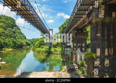 Scenery of Pingxi District in taipei, taiwan. the translation of the Chinese text is 'guanpu suspension bridge', means waterfall-viewing bridge. Stock Photo