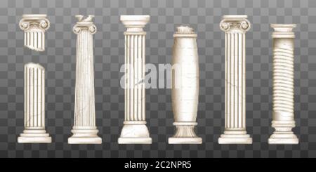 Ancient roman columns, marble baroque architecture. Vector realistic old broken antique greek pillars with capitals in doric, corinthian, ionic and tuscan style isolated on transparent background Stock Vector