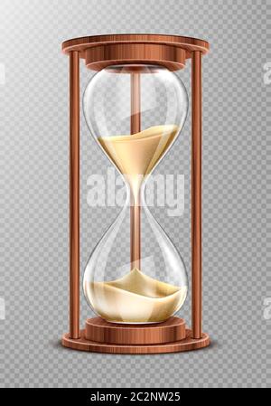Wooden hourglass with falling sand isolated on transparent background. Ancient clock, symbol of patience and running time, retro glass watches with wood decoration, Realistic 3d vector illustration Stock Vector