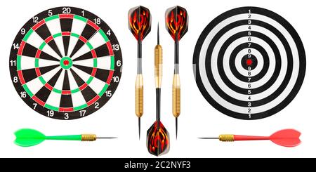 dart board and colorful darts isolated on white background Stock Photo