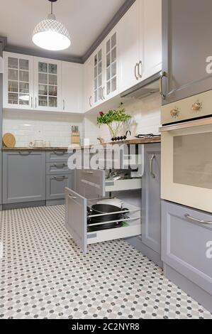 modern grey and white wooden kitchen interior Stock Photo