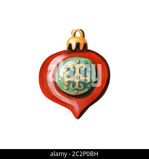 Christmas tree glass christmas decoration. Red toy in the shape of a drop with a circle of green and a gold ornament with a gold mount. Hand-drawn in Stock Photo