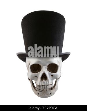 Human skull with extra tall black vintage top hat isolated on white background Stock Photo