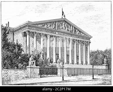 Chamber of Deputies, Peristyle of the Palais Bourbon in front of the dock, vintage engraved illustration. Paris - Auguste VITU – 1890. Stock Photo